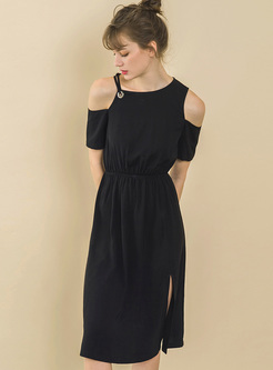 Black Off Shoulder Split A-line Dress